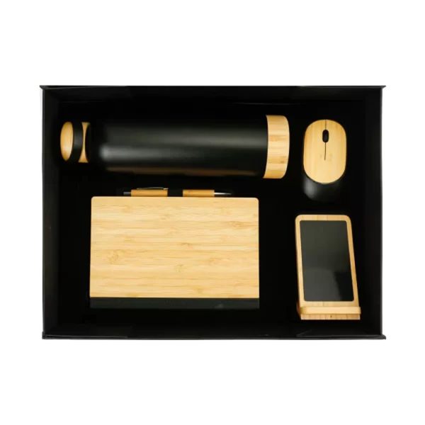 Eco-friendly bamboo gift set featuring a thermos, mouse, phone stand, and accessories, perfect for corporate gifts or personal use