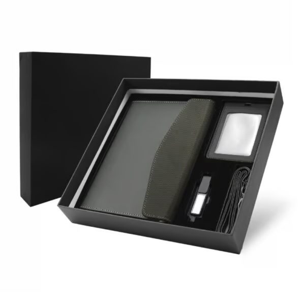 Premium business gift set with notebook, power bank, USB, and accessories in a sleek black box.