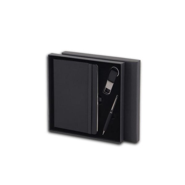 Executive corporate gift set with notebook, pen, and USB drive in a black presentation box.
