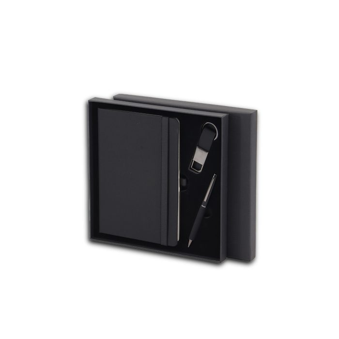 Executive corporate gift set with notebook, pen, and USB drive in a black presentation box.