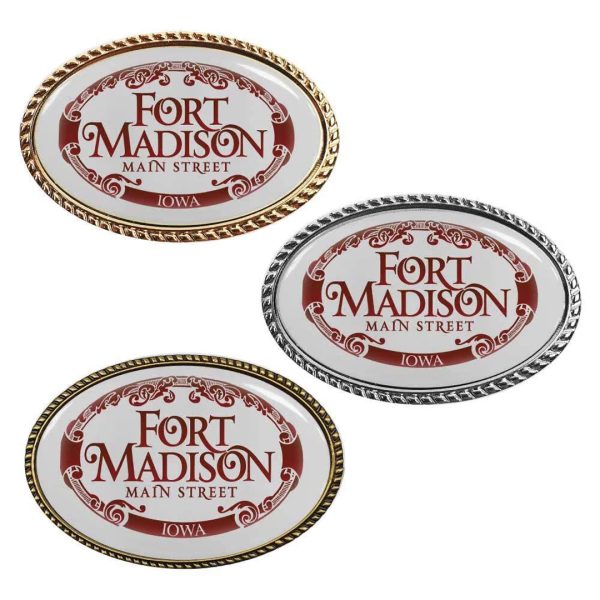 Customized Dome Lapel pin On Oval Shape with Rope style Border in Gold, Silver and Bronze Color