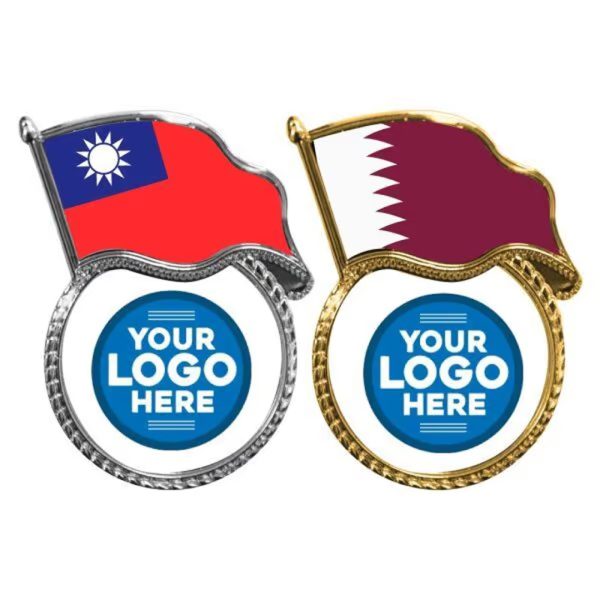 Customized Flag with Circlr Metal Badge in Gold and silver Color for Epoxy and Laser Marking
