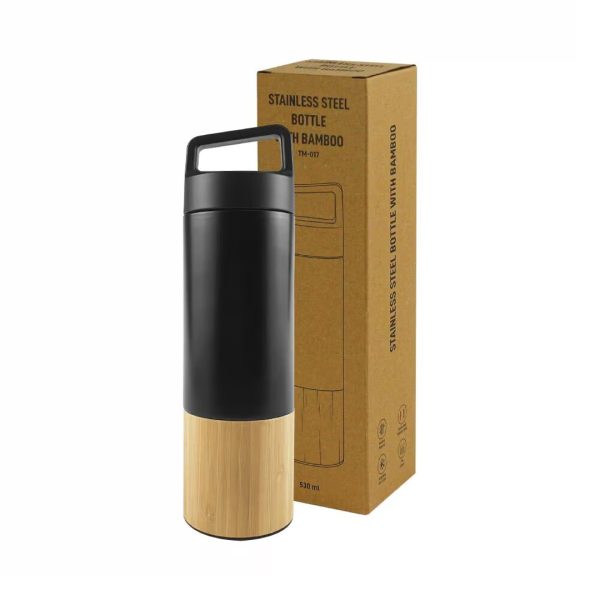 Black Color Travel Drinking Water Bottle with Bamboo Base