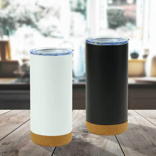 Customized White and Black Color Travel Drinking Stainless Steel Tumbler with Cork Base