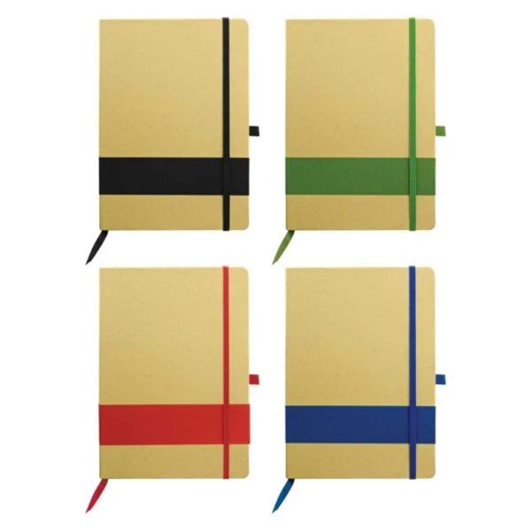 Eco kraft hardcover notebooks with elastic bands, ribbon markers, and pen loops in assorted colors (black, green, red, blue).