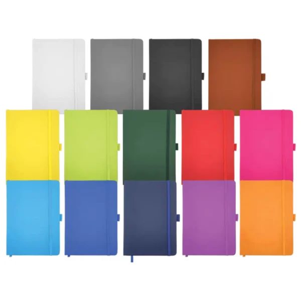 Colorful hardcover notebooks with elastic bands and pen loops, available in multiple colors including white, black, red, blue, green, orange, purple, and yellow.
