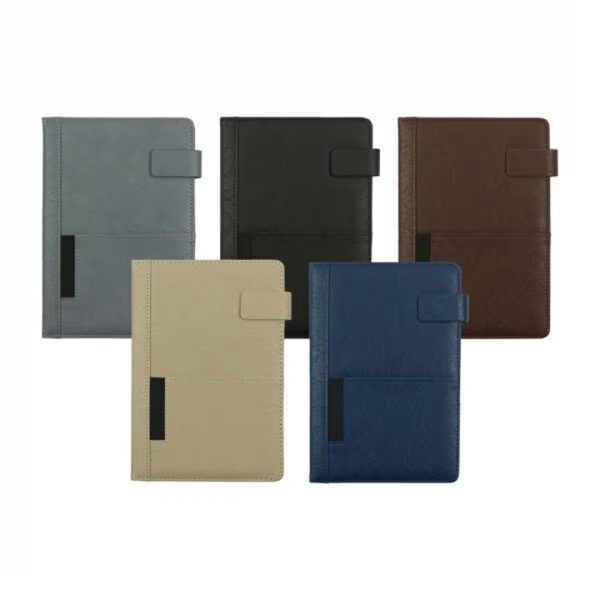 Executive PU leather notebooks with magnetic closure, available in grey, black, brown, beige, and blue.
