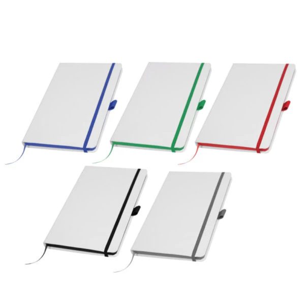 Hardcover notebooks with elastic bands, pen loops, and ribbon markers in assorted colors (blue, green, red, black, grey