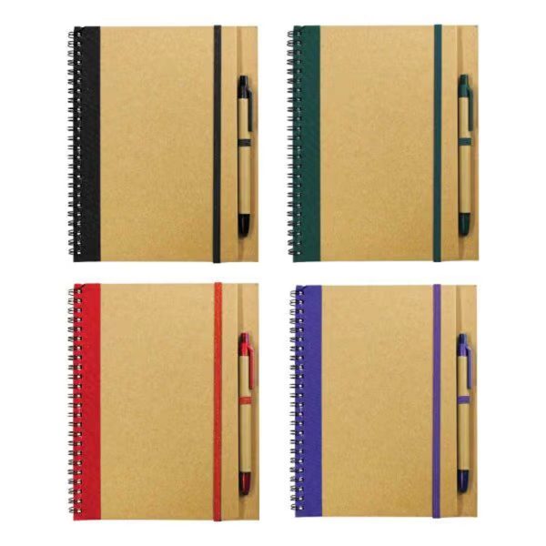 Eco-friendly spiral notebooks with recycled kraft covers, elastic straps, and matching pens in black, green, red, and purple.