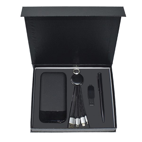 Tech gift set in a sleek black box featuring a power bank, 6-in-1 charging cable, keychain, pen, and USB drive.