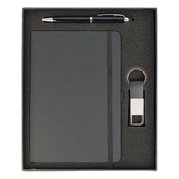 Corporate gift set with black notebook, silver-accent pen, and leather keychain in presentation box – Dubai corporate gifts