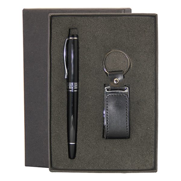Luxury corporate gift set with black pen and leather keychain in presentation box – Dubai corporate gifts
