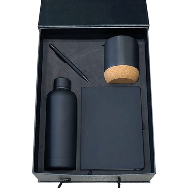 Black gift set with a water bottle, notebook, cork base mug, and pen – a stylish and functional option for corporate gifts or personal use