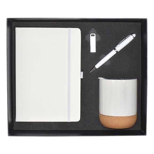 White gift set including a notebook, pen, and ceramic mug with cork base, ideal for corporate gifts or personal use
