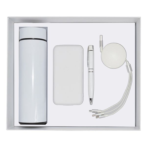 White gift set featuring a thermos, power bank, pen, and charging cable in a minimalist box.