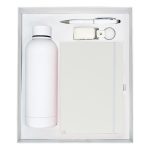 White gift set with a water bottle, notebook, pen, and keychain, ideal for corporate giveaways or personal gifts.
