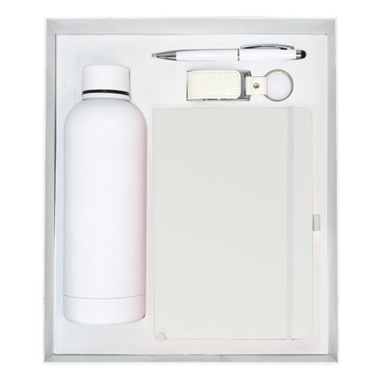 White gift set with a water bottle, notebook, pen, and keychain, ideal for corporate giveaways or personal gifts.