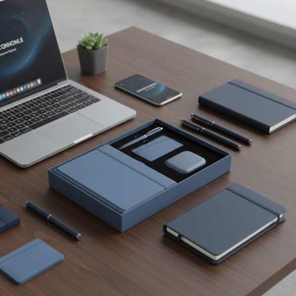 Professional business gift set with notebook, portable charger, RFID card case, and pen