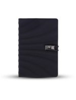Portable wavy-design notebook (21 × 14 × 1.5 cm) in recycled PU with elastic strap