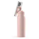 Botella Ultra stainless steel water bottle with integrated MagSafe holder attaching an iPhone, showcasing durable eco-friendly design and wide opening for easy cleaning.