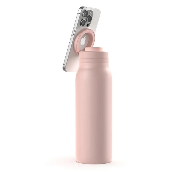 Botella Ultra stainless steel water bottle with integrated MagSafe holder attaching an iPhone, showcasing durable eco-friendly design and wide opening for easy cleaning.