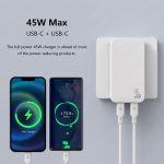 45W TRAVI GaN travel adapter with dual EU and UK plugs, slim portable fast charger