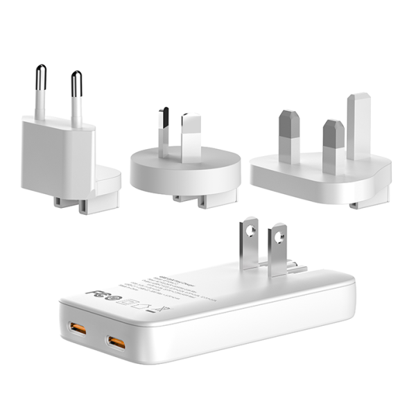 45W TRAVI GaN travel adapter with dual EU and UK plugs, slim portable fast charger