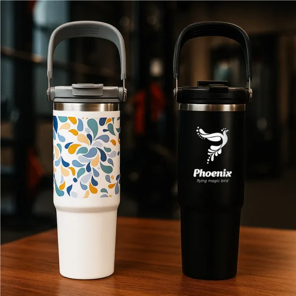 Corporate gift set featuring double wall stainless steel tumblers
