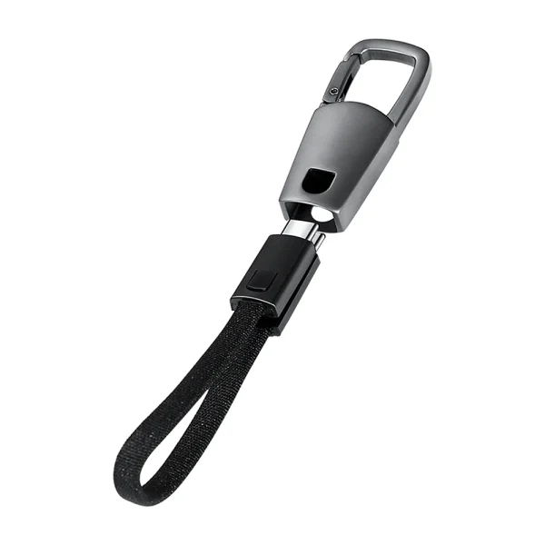 Keyhole USB-C cable attached to a keyring, demonstrating its portability and stylish design.