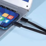 Keyhole USB-C cable attached to a keyring, demonstrating its portability and stylish design.