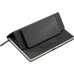 Black GIESSEN Hans Larsen notebook featuring built-in phone stand design with matching premium pen.