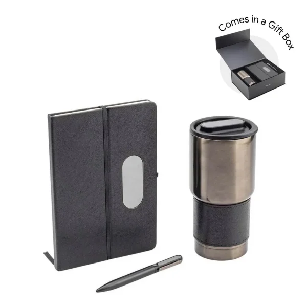 GIESSEN Hans Larsen premium gift set with black tumbler, notebook and pen presented in an elegant gift box.