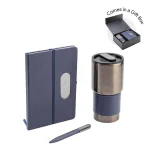 GIESSEN Hans Larsen blue gift set featuring stainless steel tumbler, notebook and premium pen.