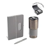 GIESSEN Hans Larsen grey gift set with stainless steel tumbler, notebook and pen in stylish packaging.