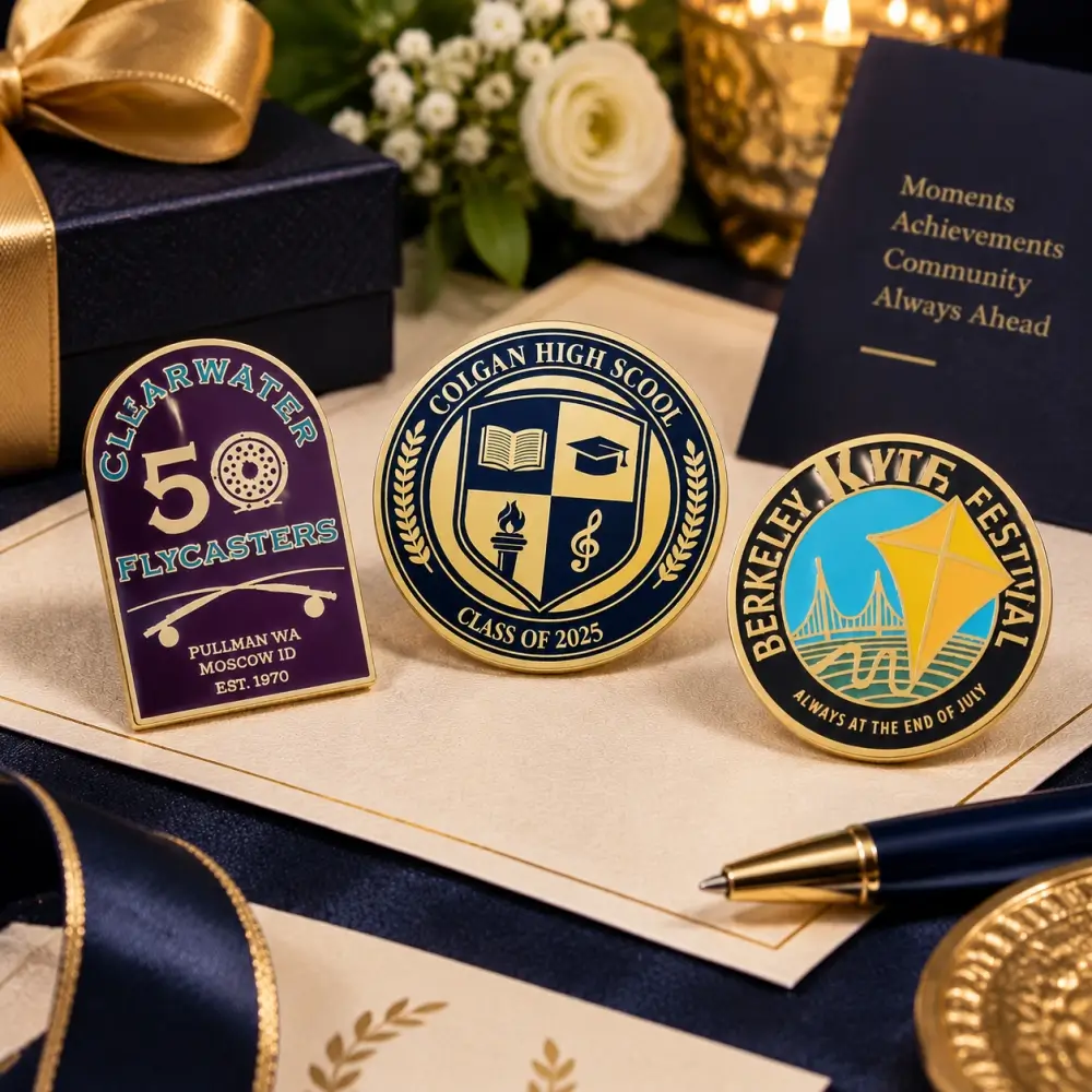 Custom hard enamel pins displayed as commemorative keepsakes for corporate events and recognition