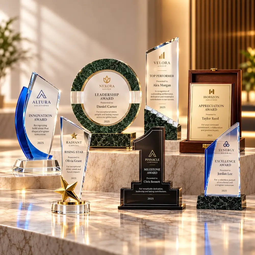 Custom crystal awards Dubai with engraved & UV Printed corporate trophies