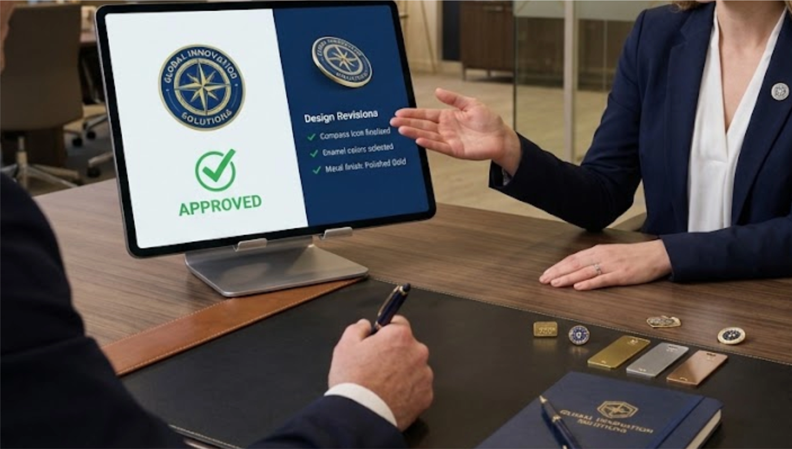 Custom lapel pin design mockup being reviewed and approved before production