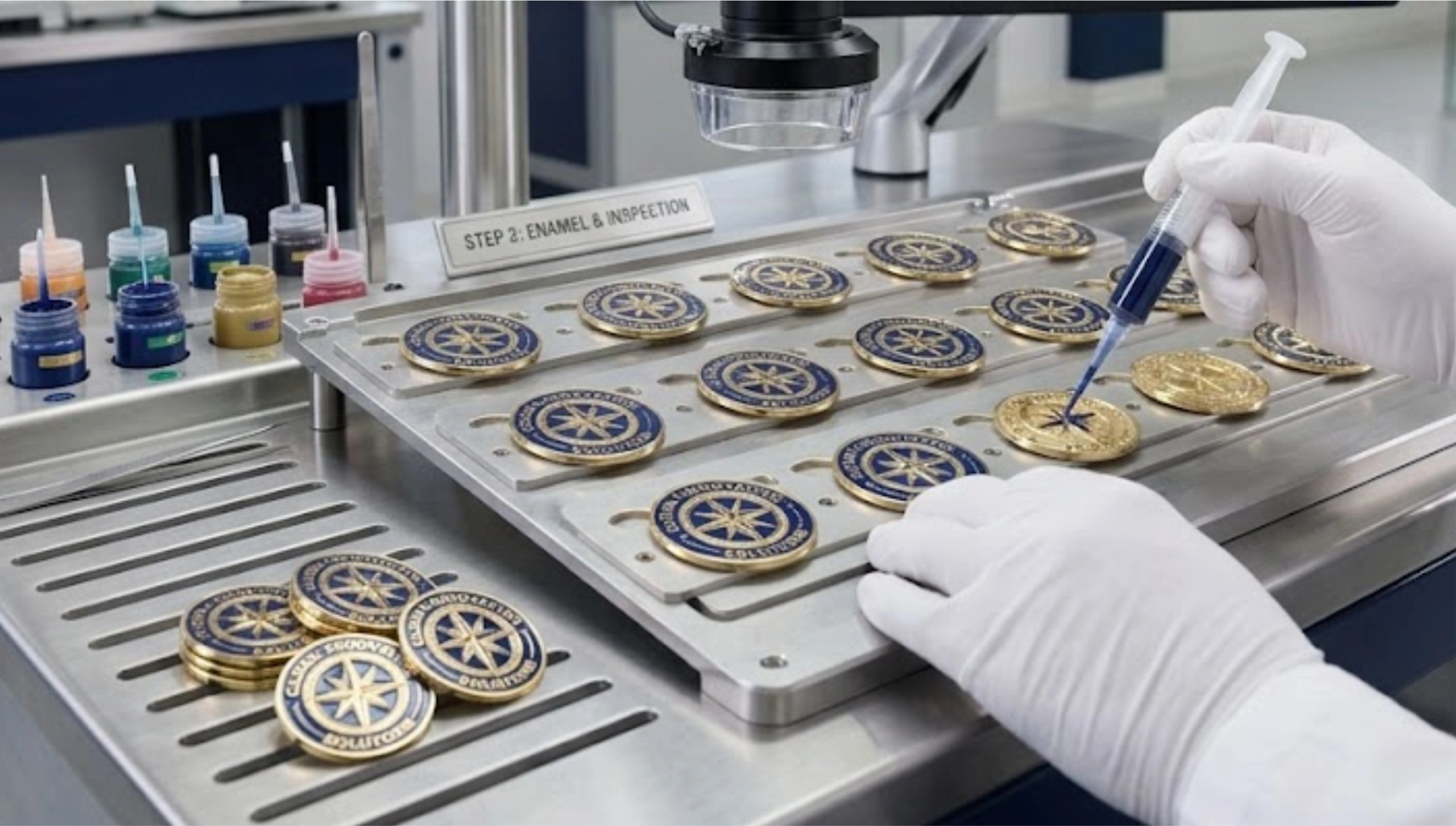Custom lapel pins being manufactured with professional quality control
