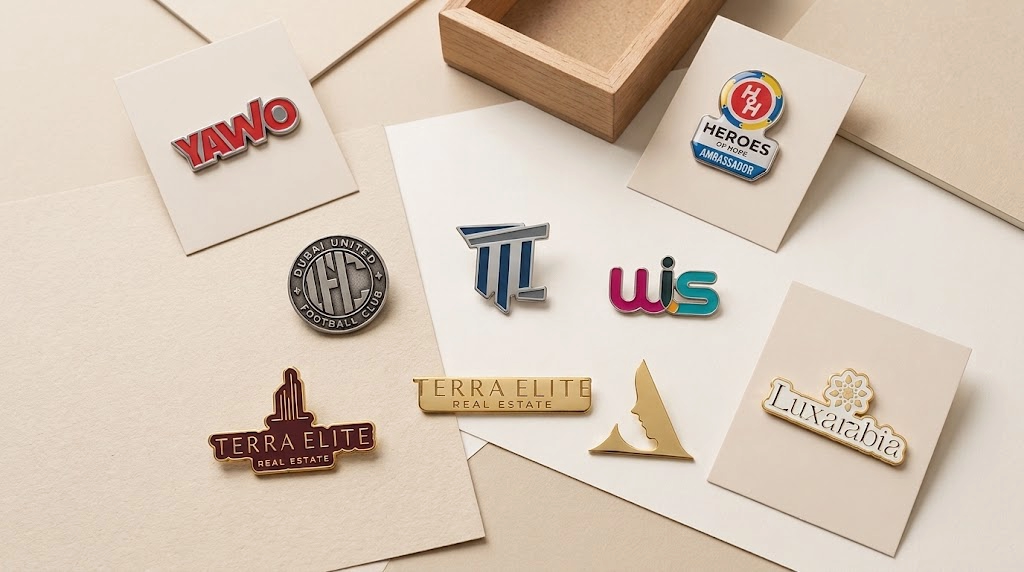 Custom lapel pins featuring branded company logos in different finishes for corporate branding and promotional use