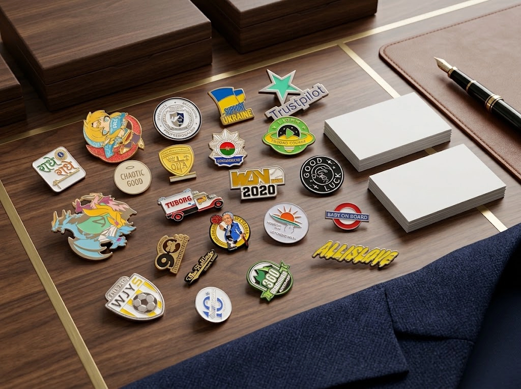 Custom lapel pins displayed with a premium corporate branding setup
