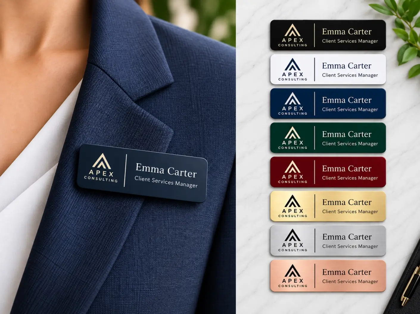 Employees wearing branded custom name badges for business identity in Dubai UAE
