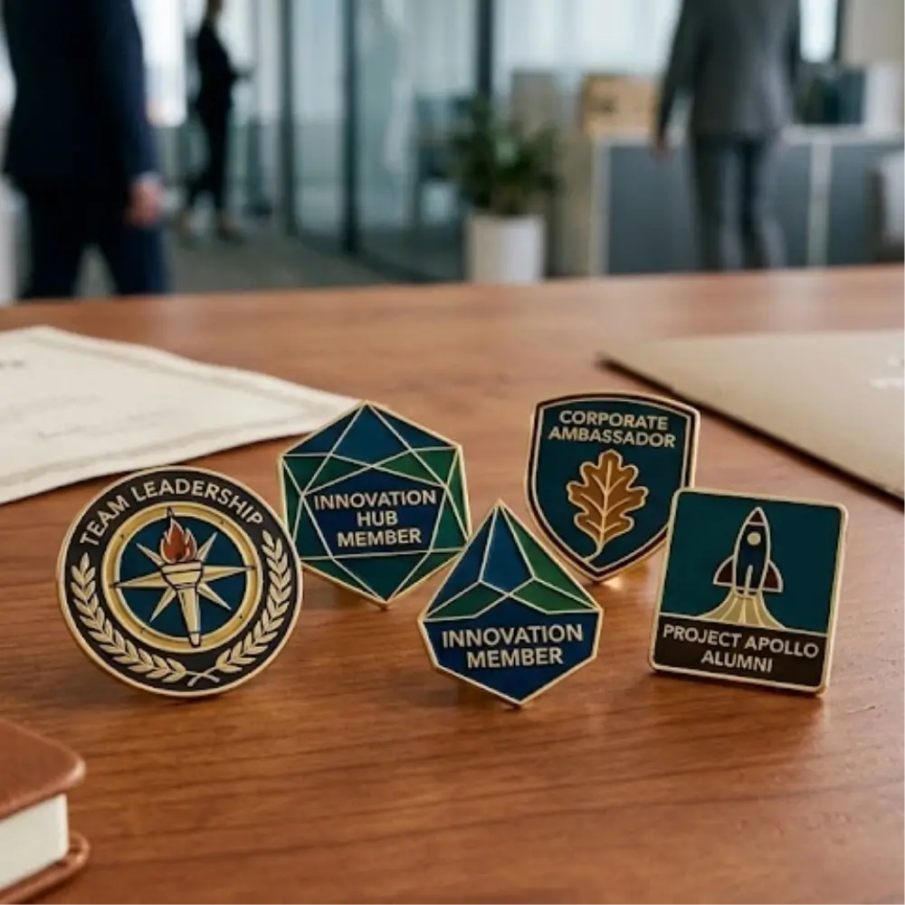 Custom hard enamel pins representing membership, team identity, and organizational belonging