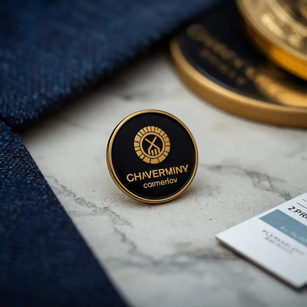 Close-up premium hard enamel pin displayed with corporate branding materials