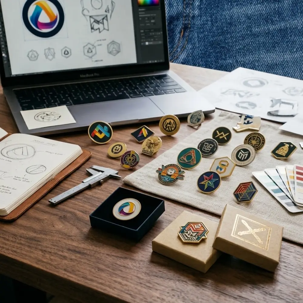 Custom hard enamel pins showing different branding, merchandise, and design applications