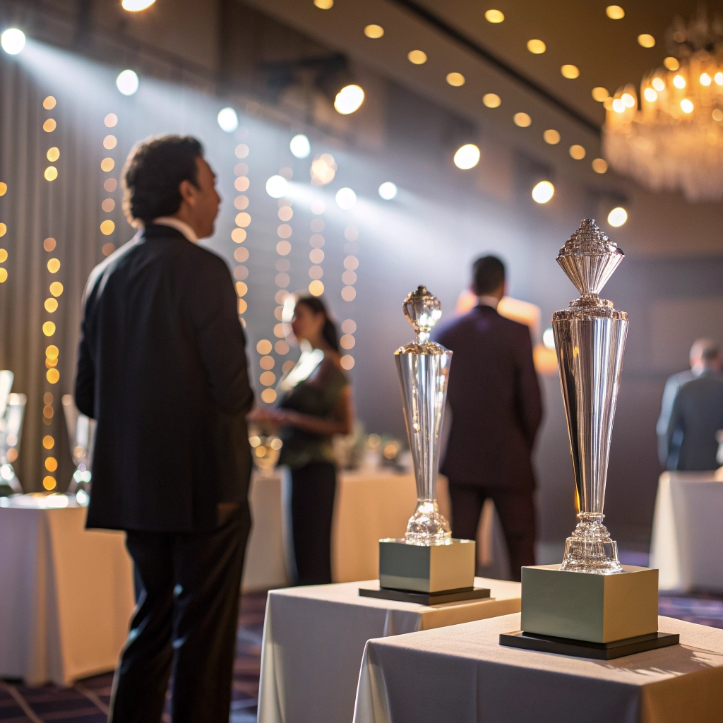 A corporate award ceremony setting with crystal trophies on a podium.
