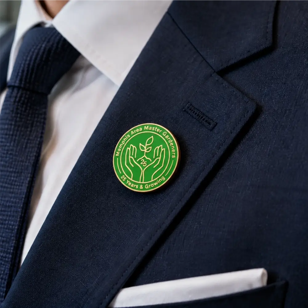 Professional blazer displaying a custom hard enamel lapel pin for team branding
