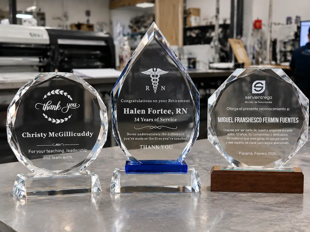 Custom engraved crystal awards and recognition trophies designed for employee appreciation, retirement gifts, and corporate achievements