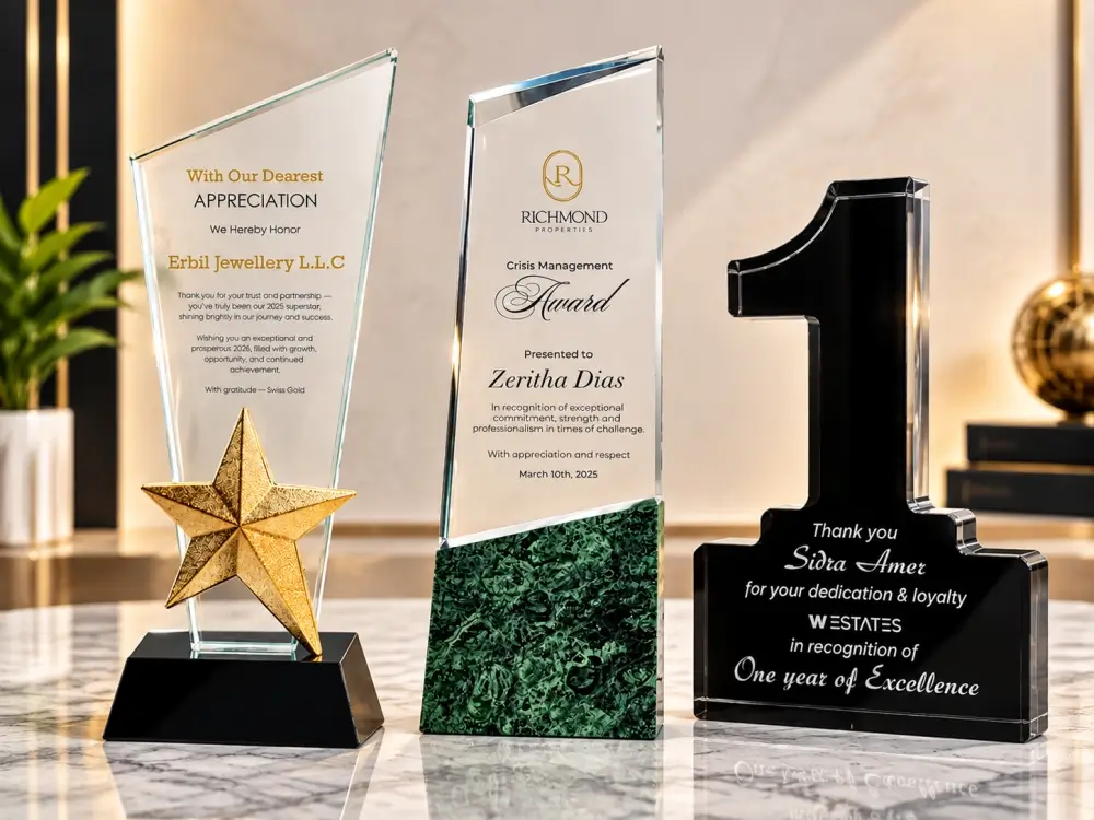 Premium custom crystal trophies and awards for corporate events, employee recognition, leadership achievements, and business milestones
